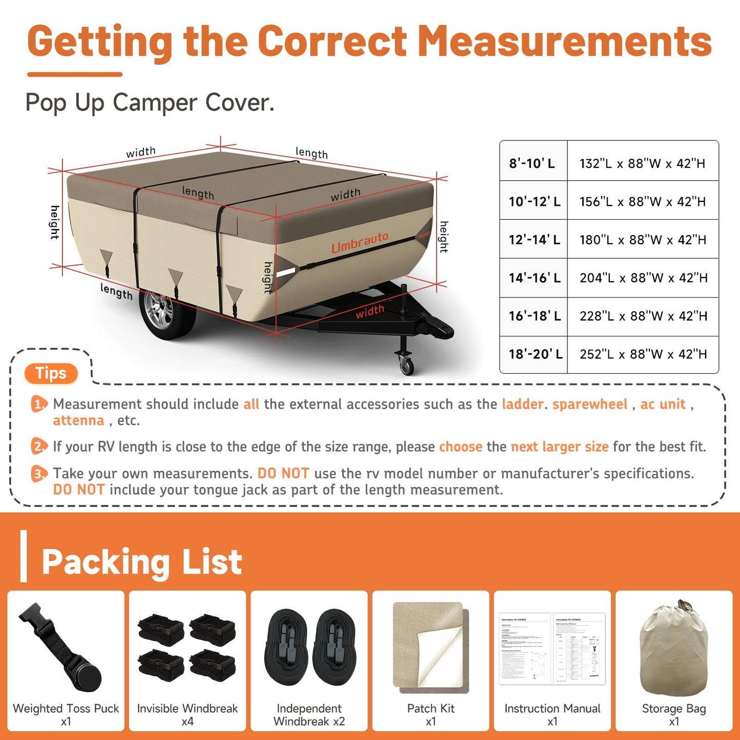 Umbrauto Pop Up Camper Cover for 18'-20' Folding Tent Trailer – 9-Layer Top, 3-Layer Side, Waterproof, Windproof, Sun-Resistant, Heavy-Duty Cover for All-Weather Protection