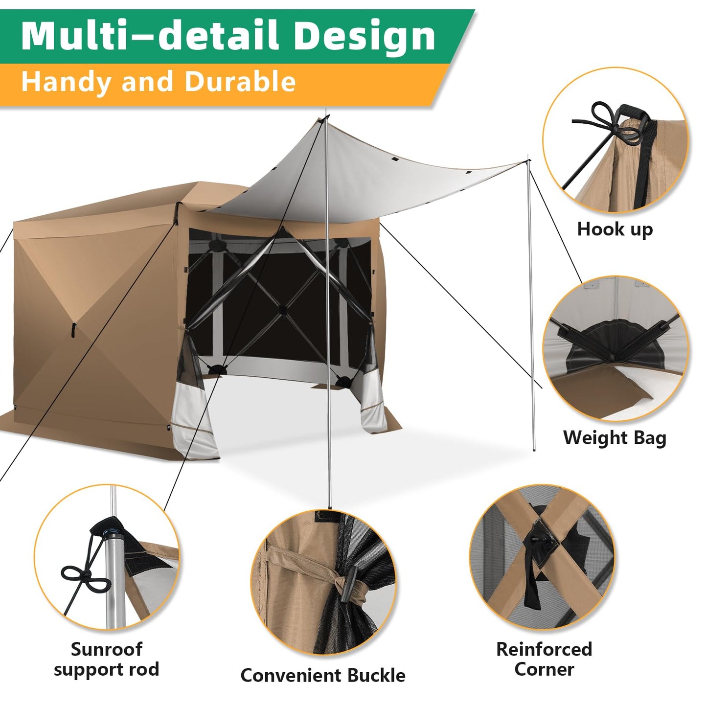 COBIZI 12x12FT Pop Up Gazebo Screen Tent Screen House for Camping, Camping Outdoor Screened Gazebo with Sidewalls, Hub Tent Instant Screened Canopy with Carrying Bag and Ground Stakes, Khaki(Upgraded)