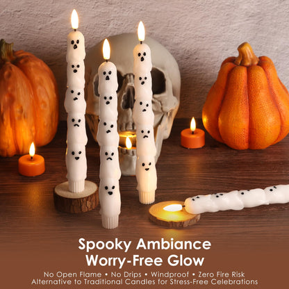 Girimax White Ghost Halloween Flameless Taper Candles with Remote, Spooky LED Wax Candlesticks Battery Operated Flickering, Set of 4