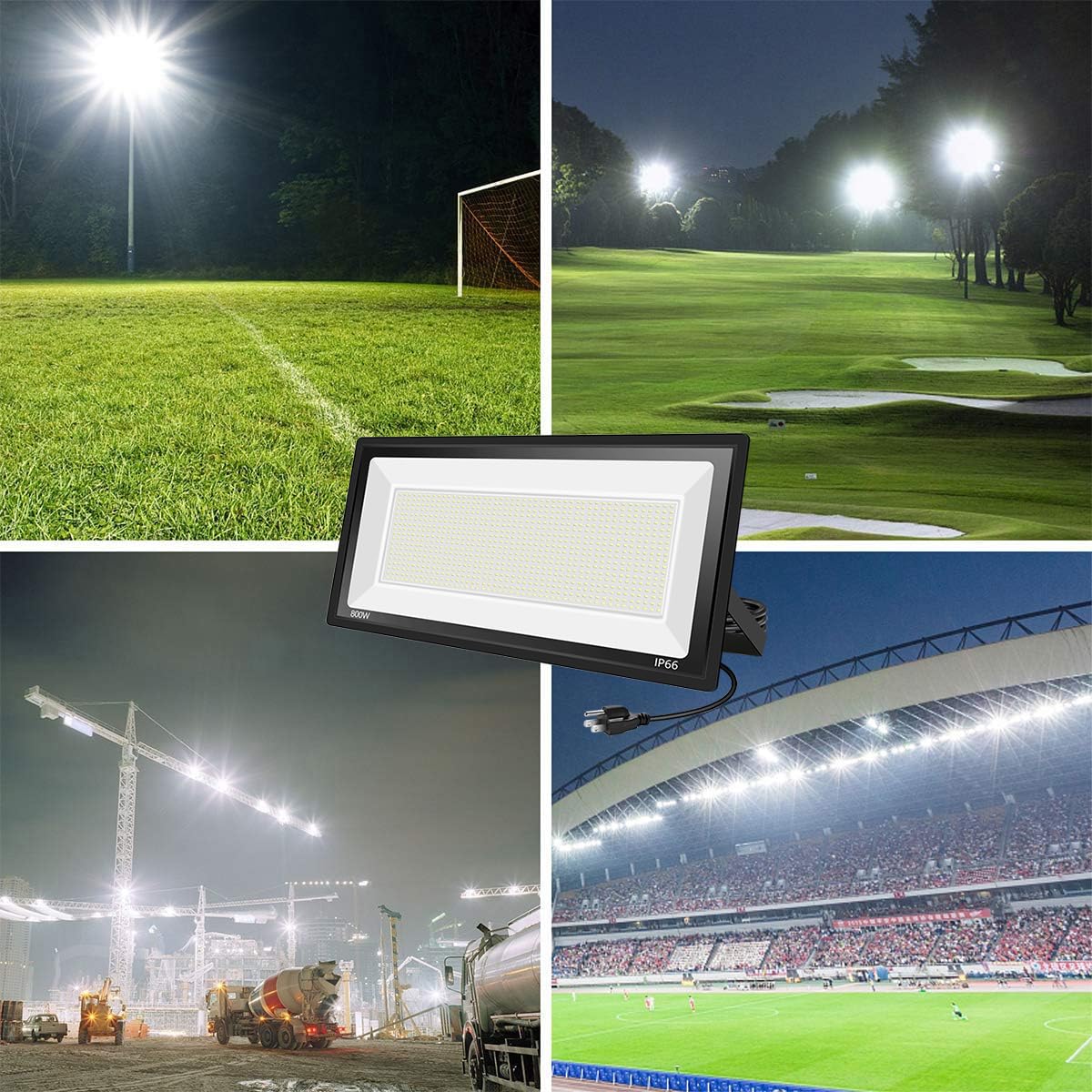 Sunkkes 2 Pack 800W LED Flood Light Outdoor,Super Bright FloodLight with Plug,80000LM 5000K Daylight White IP66 Waterproof Commercial Lighting for Sports Fields,Counts,Arena,Stadium