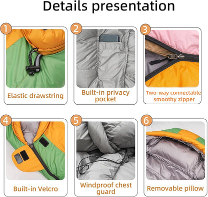 HLITMOUT Down Sleeping Bag with Pillow, 0°F 20°F 32°F Regular and XL Compact Lightweight Sleeping Bag for Adults,Teens Backpacking,Camping and Hiking Outdoor (Orange, Regular 32°F)