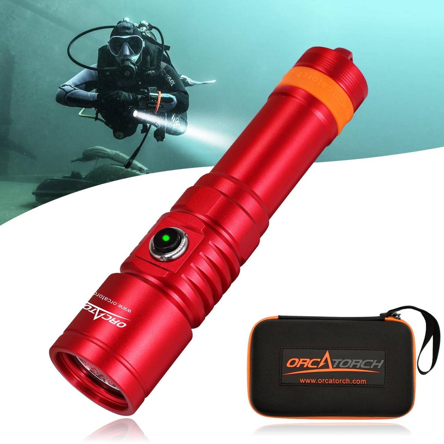 ORCATORCH D710 Scuba Diving Light, 3000 Lumens Super Bright Underwater Flashlight with 6 Degrees Narrow Beam, IP68 Waterproof Night Dive Torch 150 Meters Submersible Light (Red)