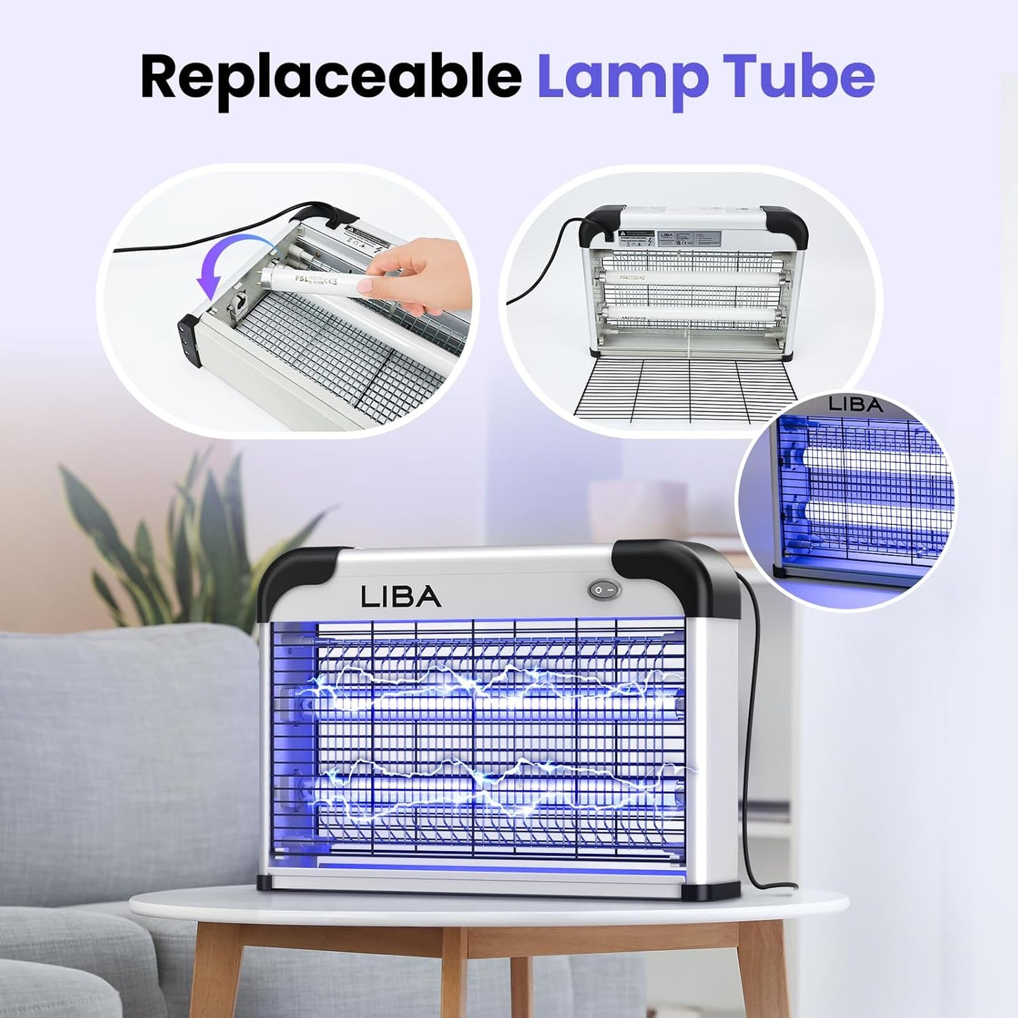 LiBa Electric Bug Zapper - Powerful 2800V Indoor Insect Killer with 2 Extra Replacement Bulbs | Easy-to-Clean Design