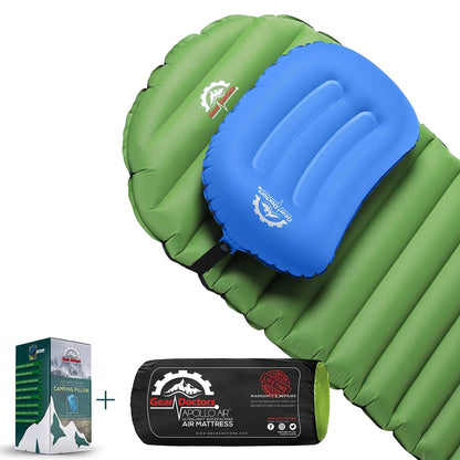 Gear Doctors Ultralight 17oz Apollo-Air Sleeping pad + Blue Anti Slip Camping Pillow Duo, 5.2 R-Value 4 Season Air Mattress with Ergonomic Ultralight Pillow The Size of A Soda Can