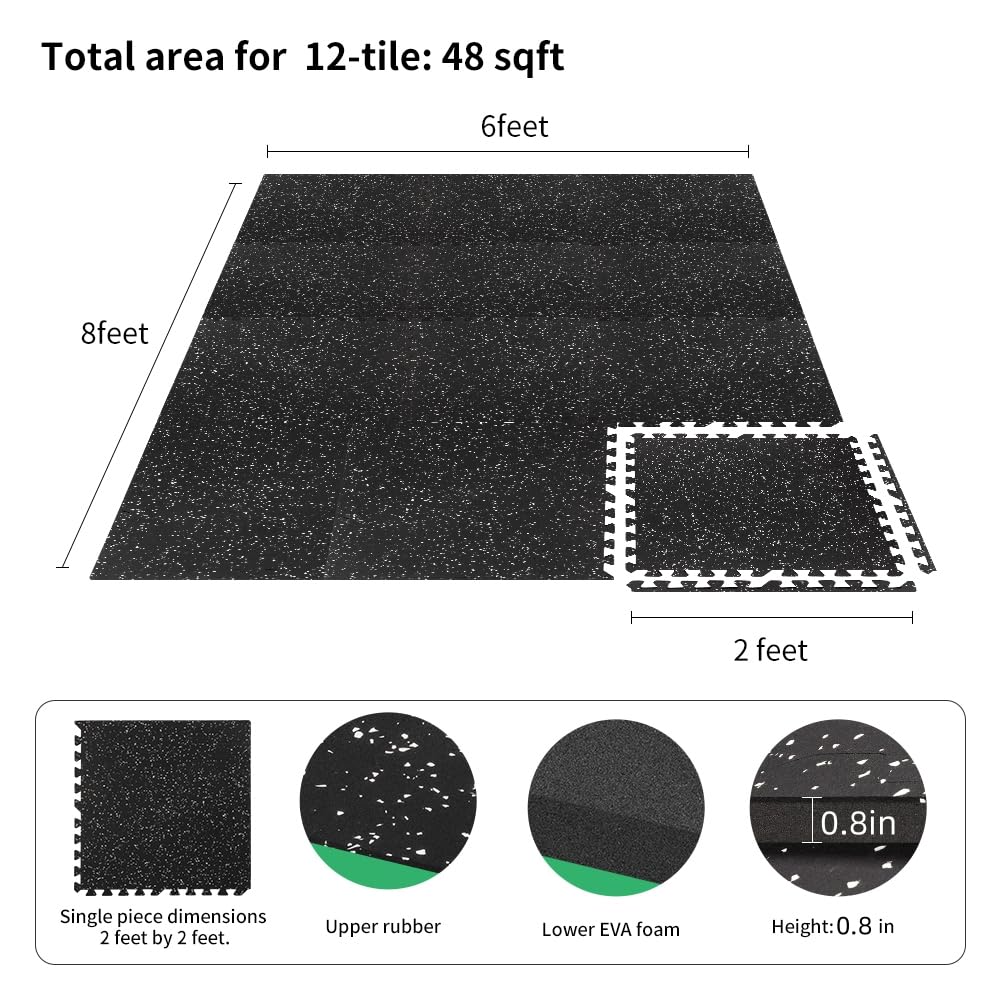 0.8in Thick 48 Sq Ft Gym Flooring for Home Gym, 12 Tiles Workout Exercise Equipment Mats, Rubber Top with EVA Foam, Interlocking Puzzle Floor Tiles for Fitness Room, Protective Flooring Mat