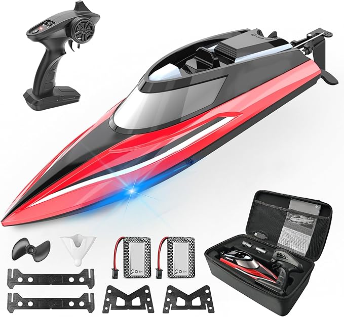 BEZGAR RC Boat 14 inch Remote Control Boat - Self-righting 40 Min Dual-Battery 32 KPH Fast RC Boats for Kids &amp Adults with LED Lights for Pool Lake Ocean Waterproof &amp Suitcase - Red