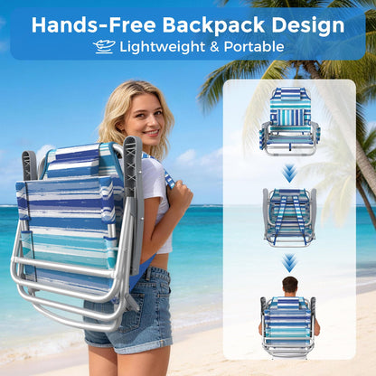 5-Position Backpack Beach Chair for Adults with Lumbar, Foldable Tall Heavy-Duty Beach Chairs with Cooler Bag,Cup Holder,Towel Rack for Beach, Camping, Outdoor (2, Blue&White)