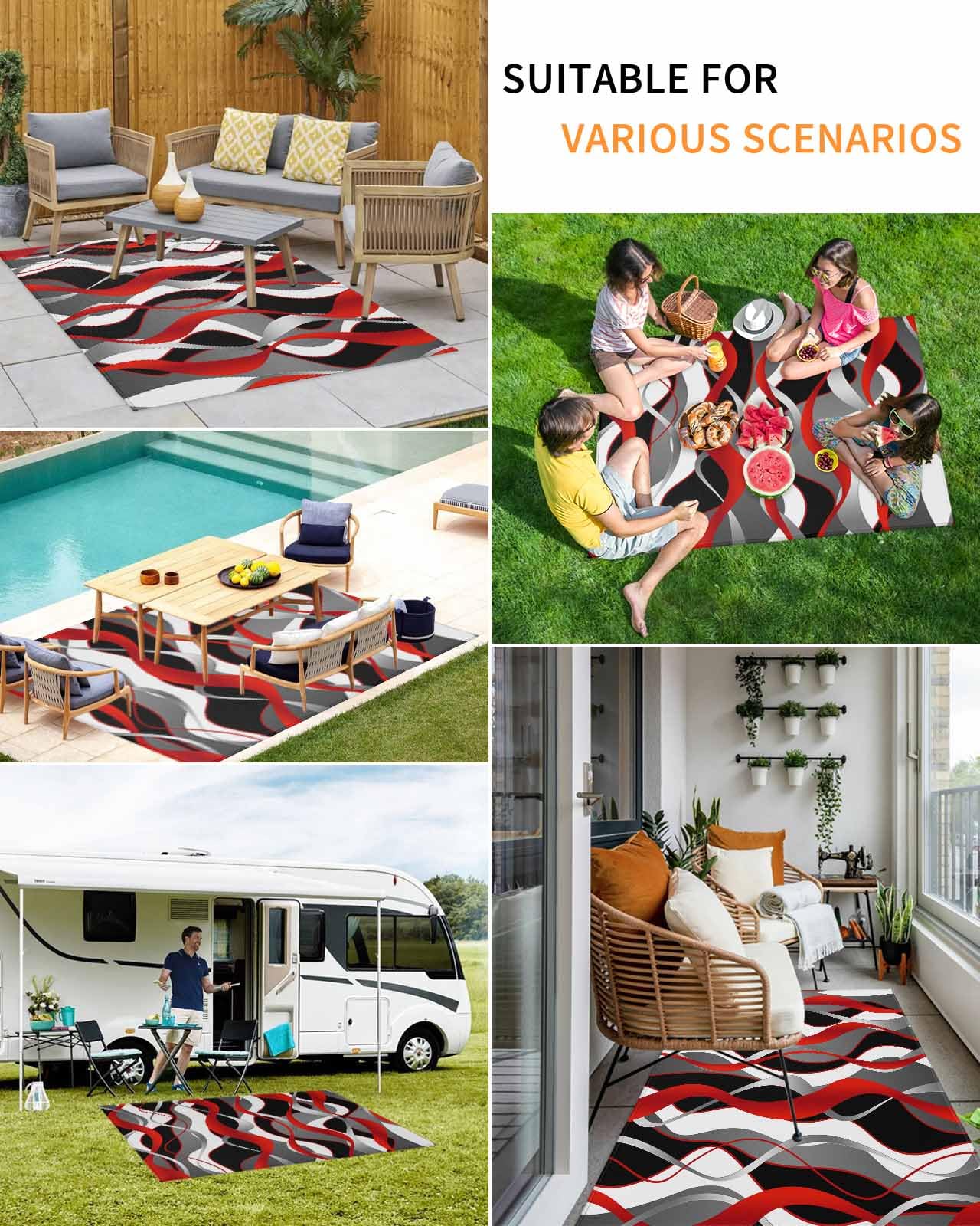 Outdoor Patio Rugs Red Black Lines Outdoor Area Rug Modern Abstract Stripes Non-Slip Backyard/Camping RV Rug/Deck/Porch Rug Front Door Floor Mat Carpet, 4x6ft