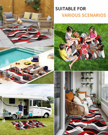Outdoor Patio Rugs Red Black Lines Outdoor Area Rug Modern Abstract Stripes Non-Slip Backyard/Camping RV Rug/Deck/Porch Rug Front Door Floor Mat Carpet, 4x6ft