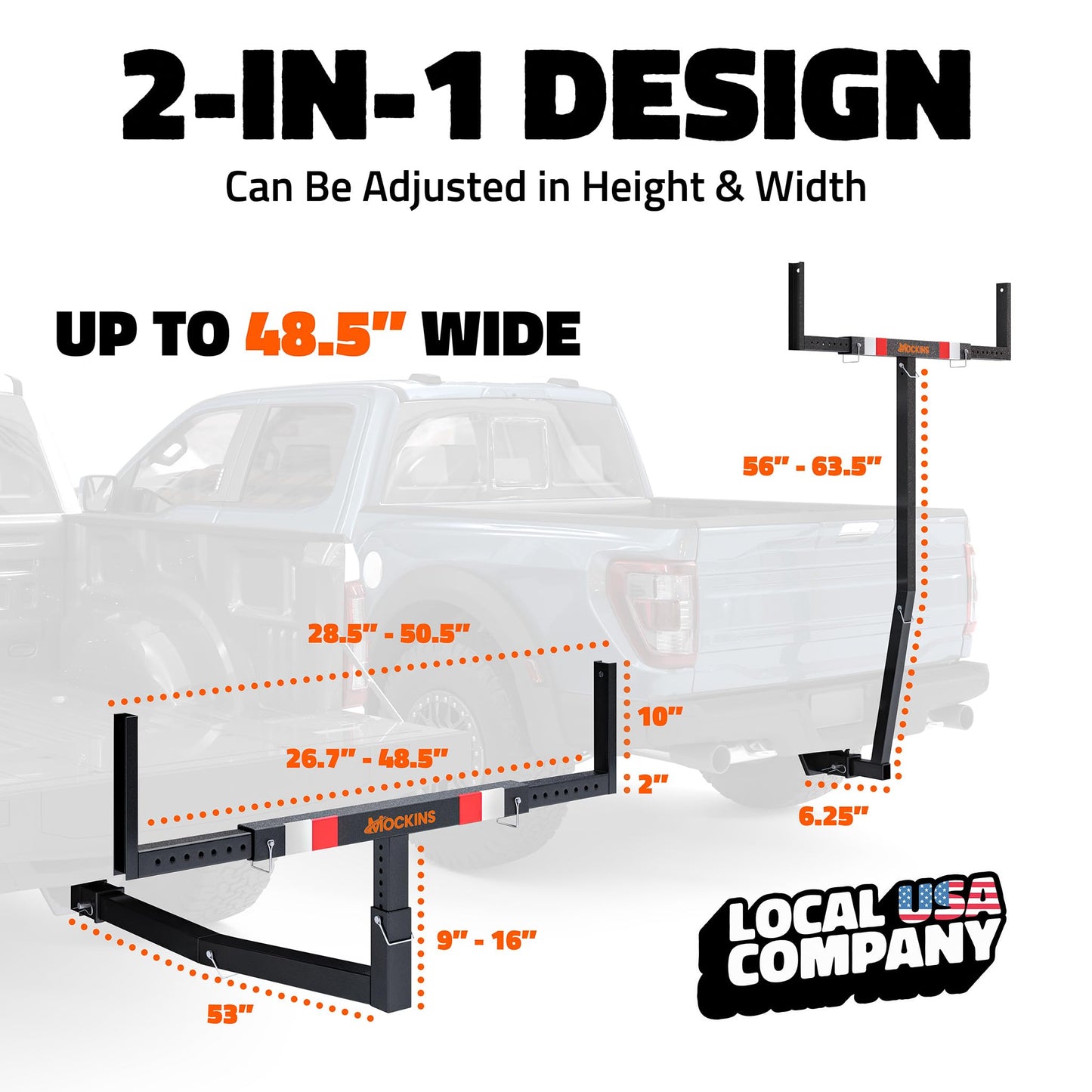 Mockins 750 Lbs Cap Truck Bed Extender Hitch Mount | 2-in-1 All-Weather Steel Canoe Rack & Kayak Trailer with Stabilizer & Straps | Versatile Truck Bed Hitch Extender for Ladders, Pipes, Lumber & More