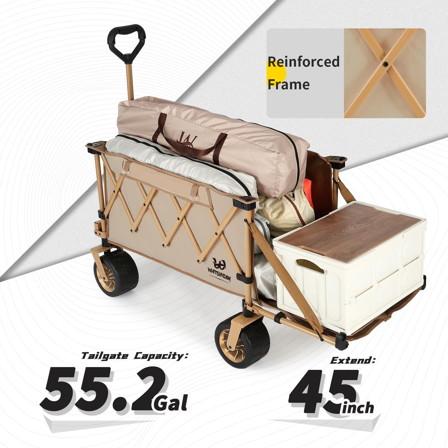 Whitsunday Collapsible Folding Wagon with Table,Heavy Duty Utility Beach Wagons with Opened Tailgate and All-Terrain Wheels for Camping,Garden,Sports Khaki