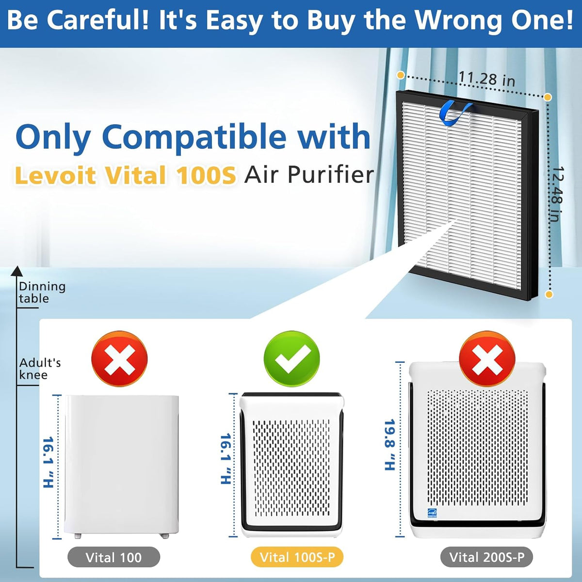 LEVOIT Vital 100S Replacement Filter - 3-in-1 High-Efficiency Activated Carbon | Compatible with Vital 100S & 100S-P, White