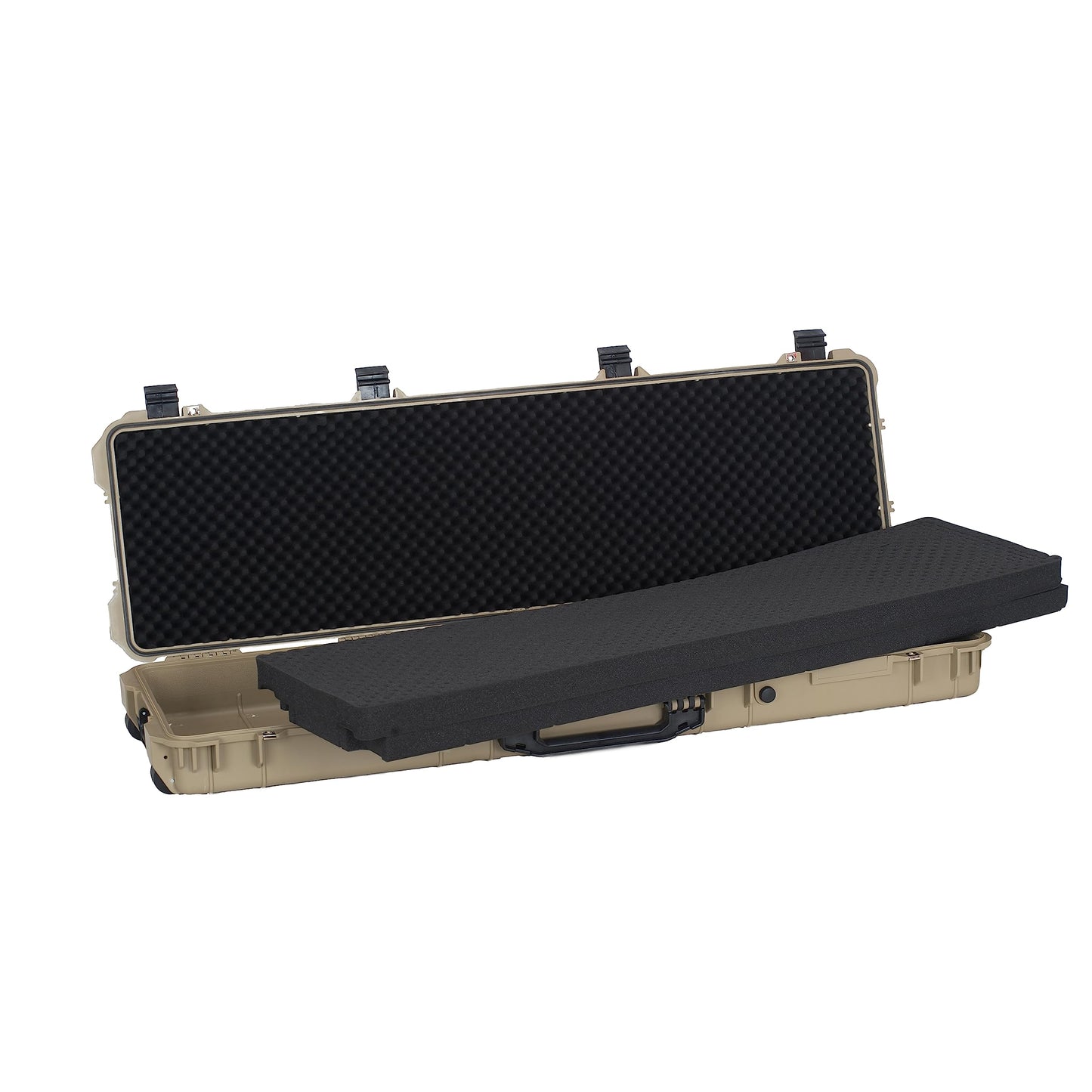 MEIJIA Portable IP67 Waterproof All Weather Hard Rifle Case with Rolling Wheels,Customizable Fit Foam Inserted,Soft Grip Handle,53x16.14x6.1inches (Desert Tan)