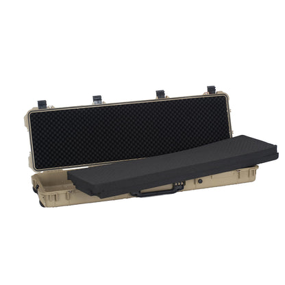 MEIJIA Portable IP67 Waterproof All Weather Hard Rifle Case with Rolling Wheels,Customizable Fit Foam Inserted,Soft Grip Handle,53x16.14x6.1inches (Desert Tan)
