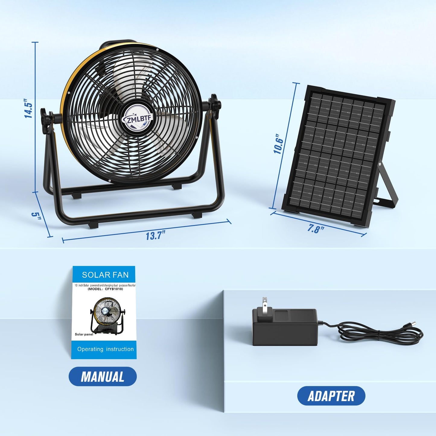 ZMLBTF Solar Fan with 10W Solar Panel, 10" Portable Camping Fan for Outside, Rechargeable Battery Powered, 2 Speed, 360° Tilt Head for Outside, Camping, Travel, Greenhouse (10 inch)