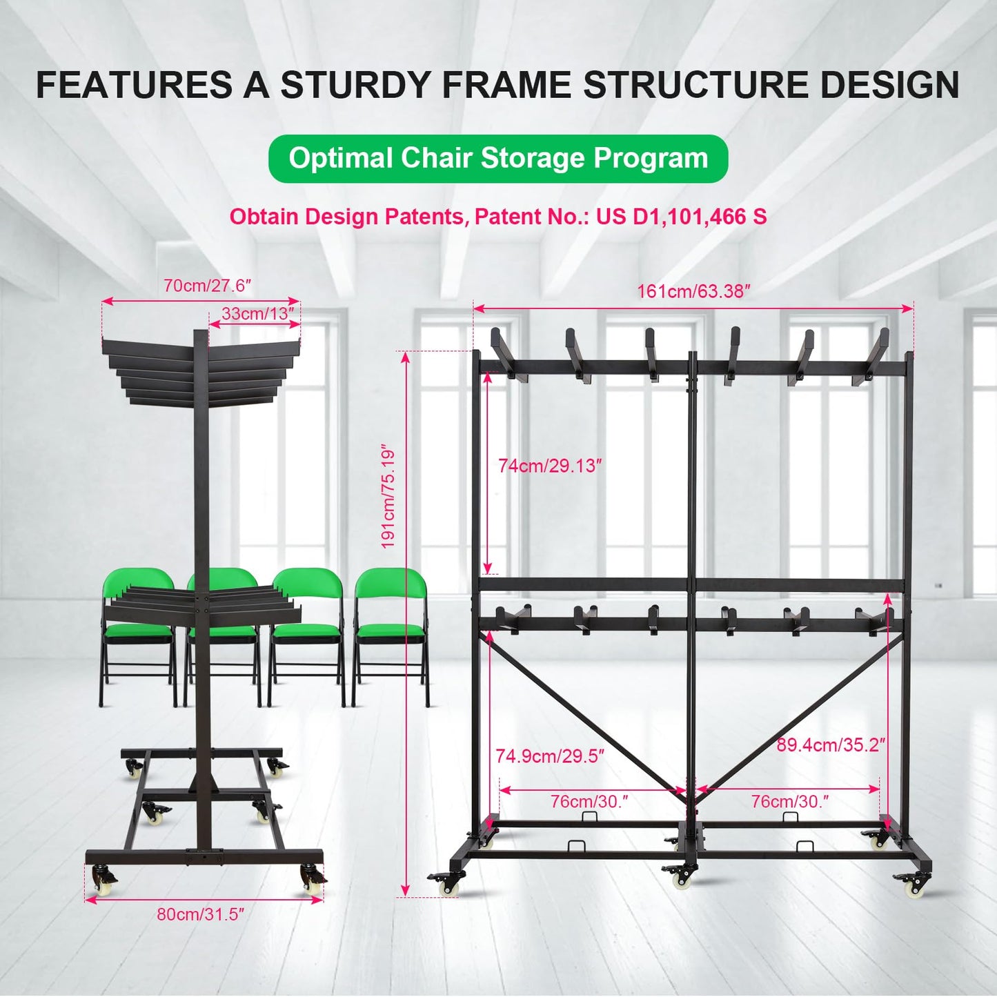 Gliretiky Folding Chair Cart Storage Rack Thickened Two Tier Heavy Duty Folding Table Chair Racks for Storage with Locking Rubber Wheels can Withstand 800LBS Capacity
