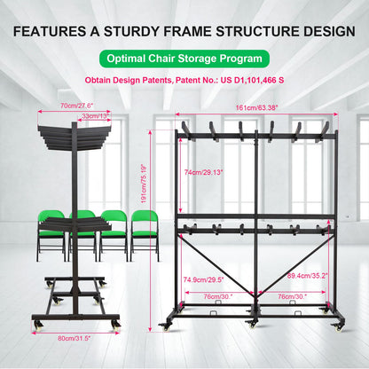 Gliretiky Folding Chair Cart Storage Rack Thickened Two Tier Heavy Duty Folding Table Chair Racks for Storage with Locking Rubber Wheels can Withstand 800LBS Capacity