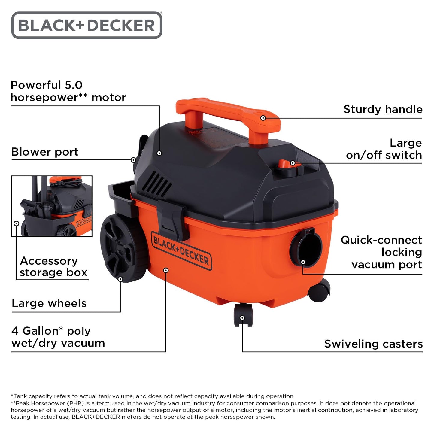 BLACK+DECKER Shop Vacuum Wet and Dry, 4 Gallon 5.0 Peak HP Wet/Dry Vacuum, Quiet Operation with Muffler, Long Reach Cleaning Range & On-Board Storage, Complete Accessory Set, BDXV18905P-4