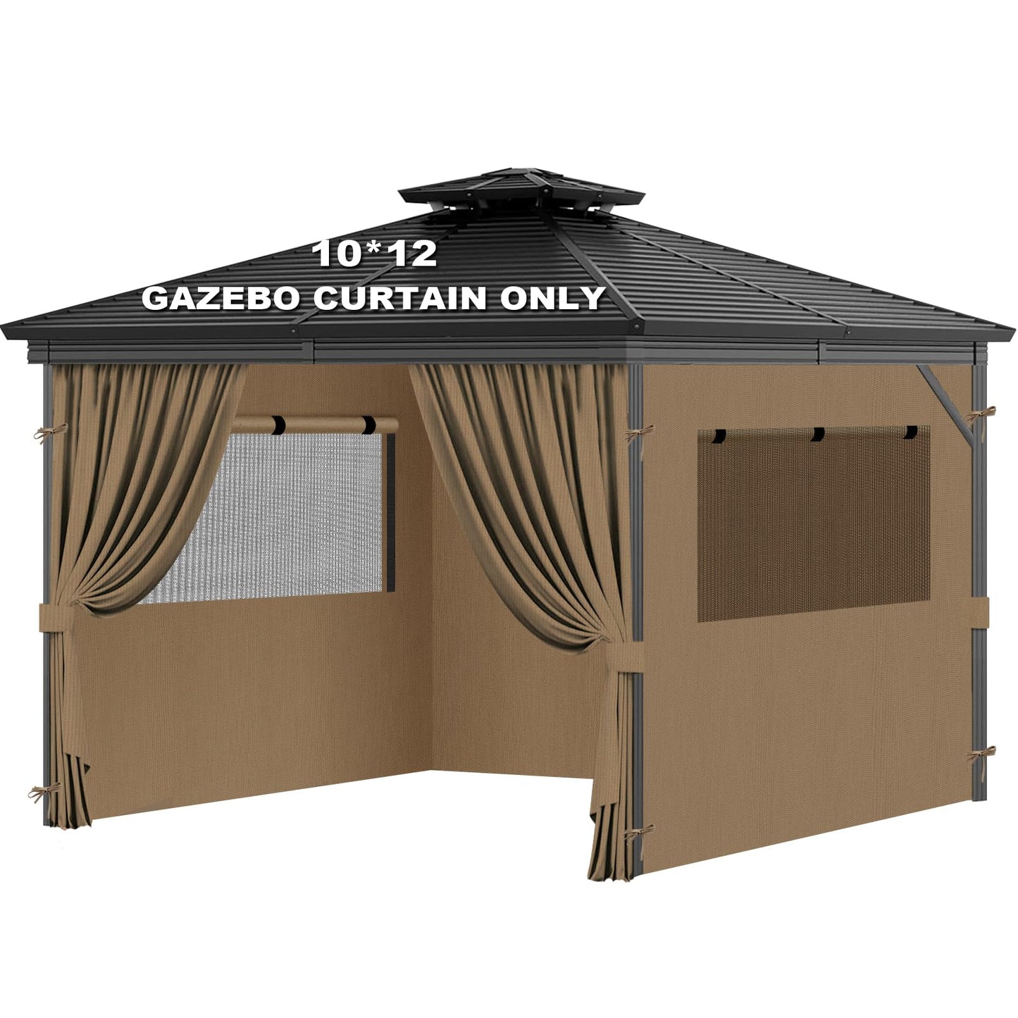 Universal Replacement Privacy Curtains for Gazebos, 10x12 ft Outdoor Waterproof with Large Mosquito-Proof Window Opening, 2-Piece Four-Sided Side Walls with Zippers (Curtains Only, Khaki)