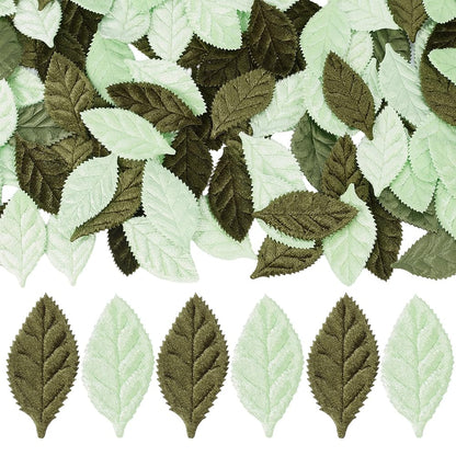 CABODYALS 100Pcs Mixed Green Velvet Fabric Leaves Spring Faux Artificial Craft Small Leaf Double Face Decorative Cloth Appliques Bulk for Sewing Making Wedding Party Scrapbooking Decor DIY Supply