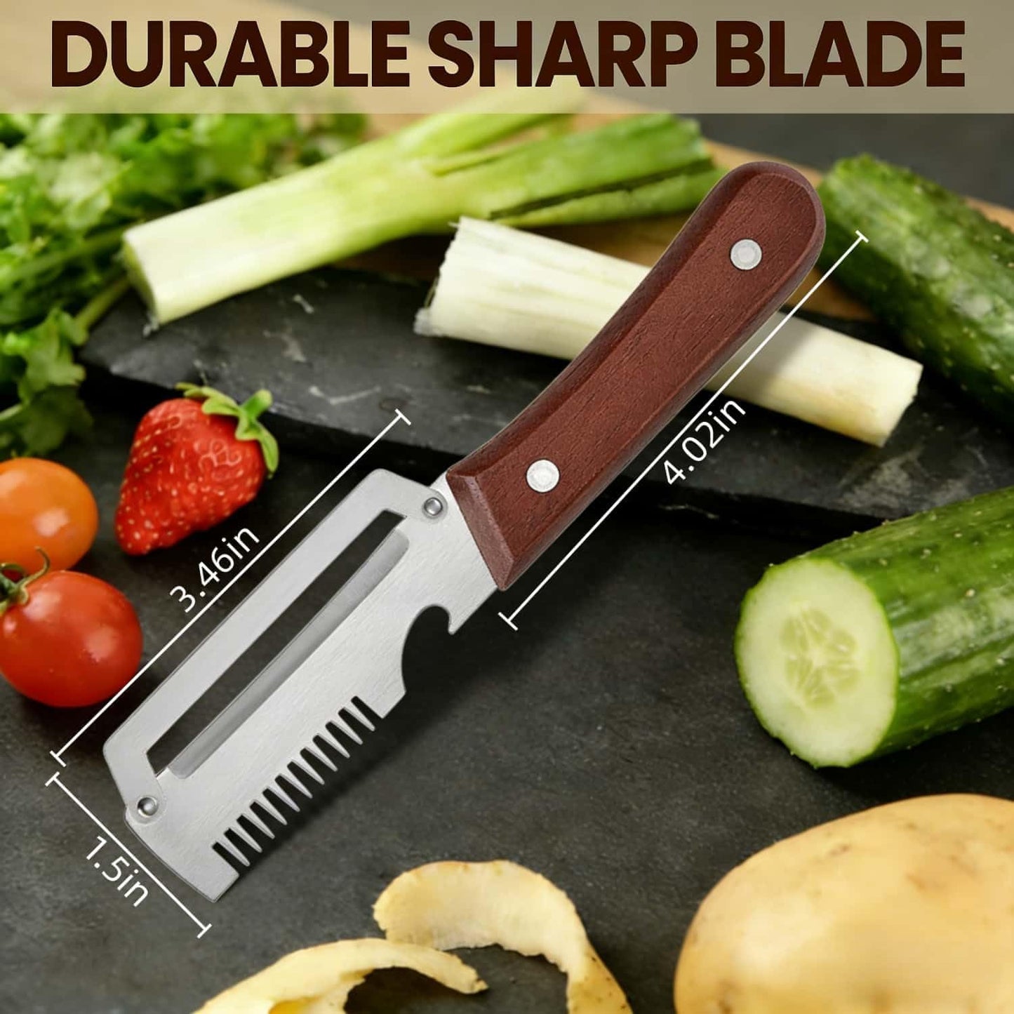Skiennix Multifunctional Vegetable Peeler - 3-in-1 Kitchen Gadget with Wooden Handle & Grater | 2-Pack