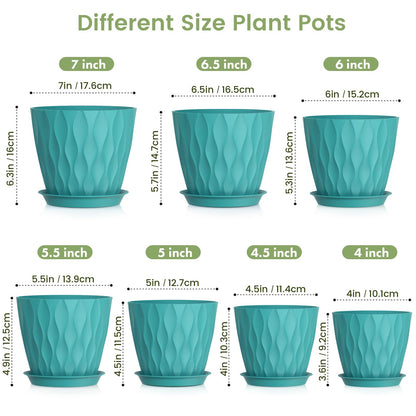 Meowell 7/6.5/6/5.5/5/4.5/4 inch Plant Pots for Indoor Outdoor Plants, 7 Pack Thick Flower Pots with Drainage Holes and Saucers, Modern Wave Texture Small Plastic Planters Nursery Pots, Blue Green