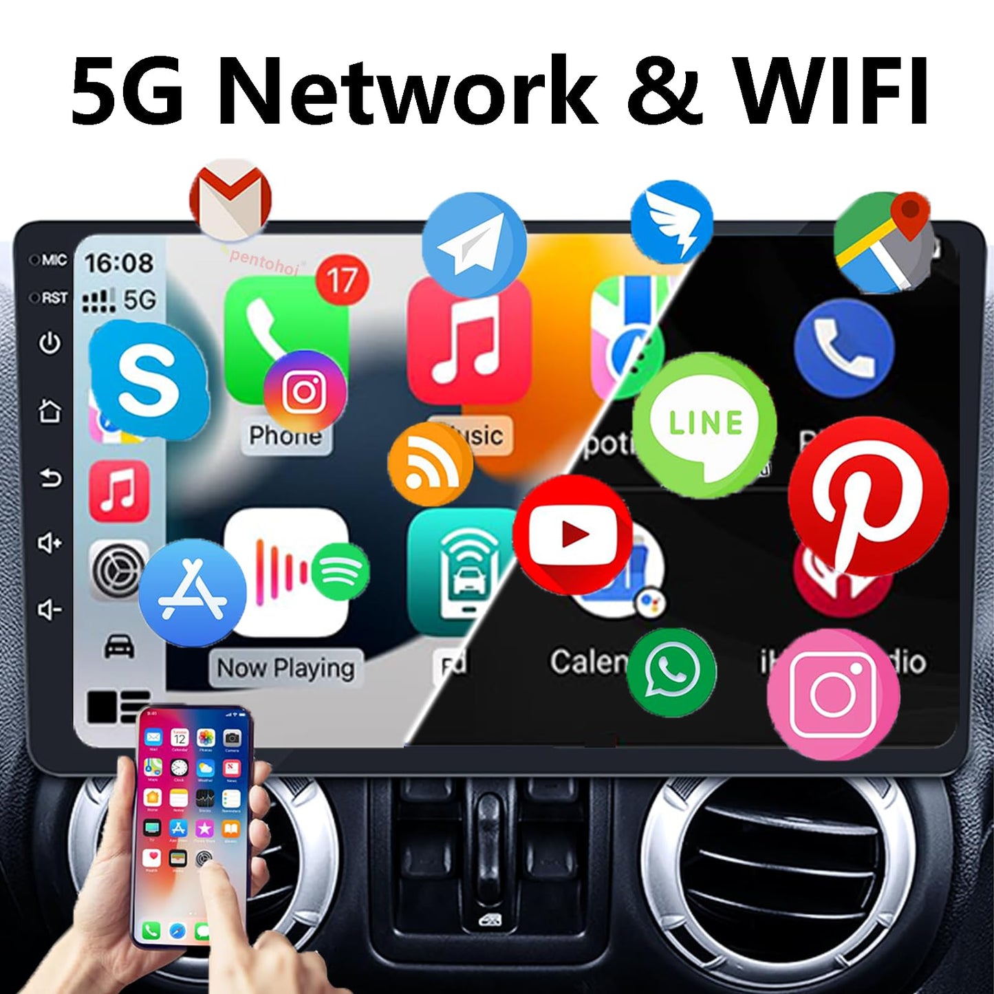 Android 14 Car Stereo Radio Upgrade for Jeep Wrangler JK Compass Grand Cherokee Dodge Ram 1500, 10 inch QLED Touchscreen Support Wireless CarPlay Android Auto GPS Bluetooth FM SWC (RAM 2GB+ ROM 64GB)