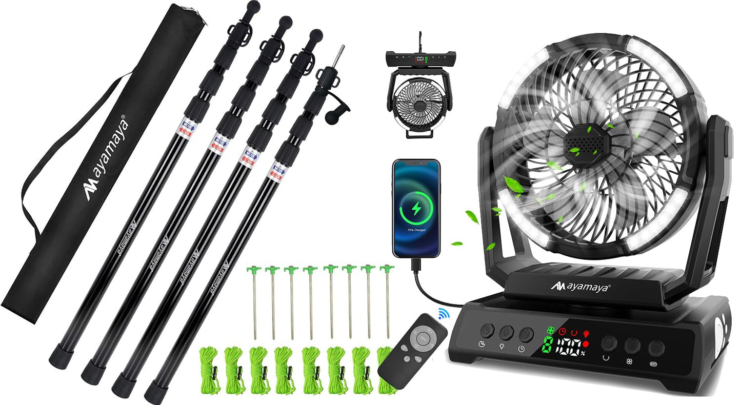 Camping Fan + Tarp Poles, 20000mAh Rechargeable Tent Fan with Remote 9 Wind Modes, 4 Set Telescoping 4-Section Poles Replacement for Rain Fly, Shelter