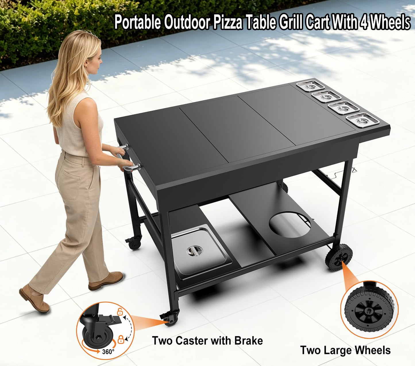 Barbqtime Pizza Oven Table with Topping Station, Outdoor Pizza Oven Cart, Grill Cart for Ninja, Cuisinart, Gozney, Movable BBQ Prep Table Station with Seasoning Tray for Patio, Kitchen, Backyard