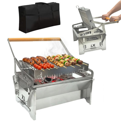 360° Rotating Charcoal Grill with Flipping Basket, Portable Stainless Steel BBQ Grill for Camping, Picnic & Backyard, Detachable Outdoor Barbecue Smoker Grill with Carry Bag, 15.6" × 15.4" × 11"