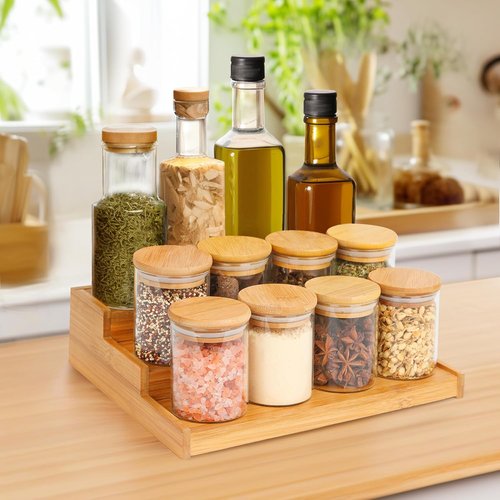 ComSaf Bamboo Spice Rack - 3-Tier Organizer with 12 Glass Jars & Labels for Kitchen Pantry