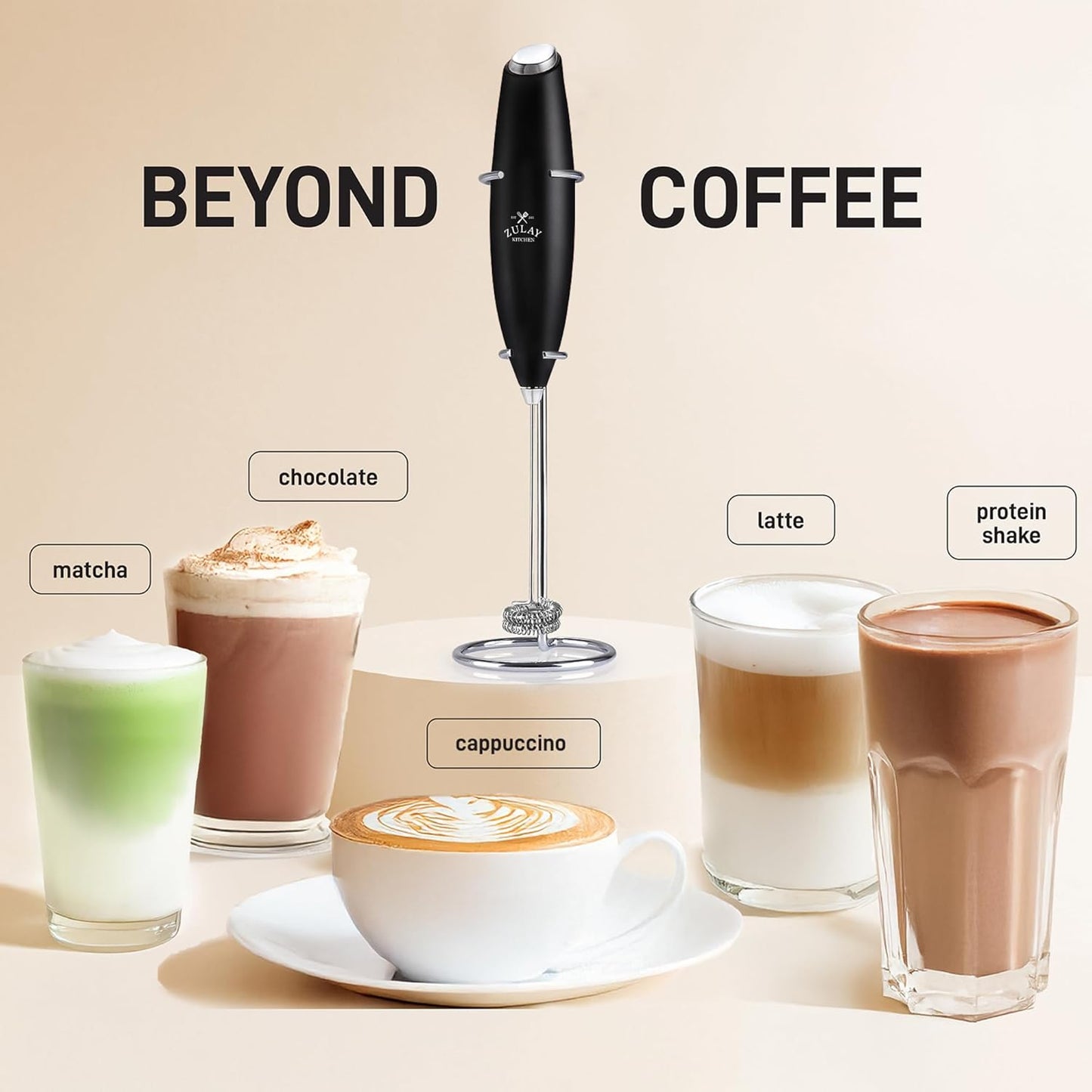 Zulay Kitchen Double Whisk Milk Frother - Powerful Handheld Foam Maker for Coffee & Lattes | Includes 2 Duracell Batteries