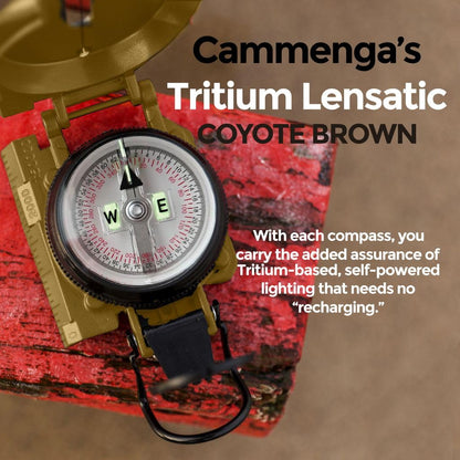 Cammenga US Military Tritium Lensatic Compass Coyote Brown - Hand Held Military Compass with Clam Shell Storage Case and Waterproof Pouch