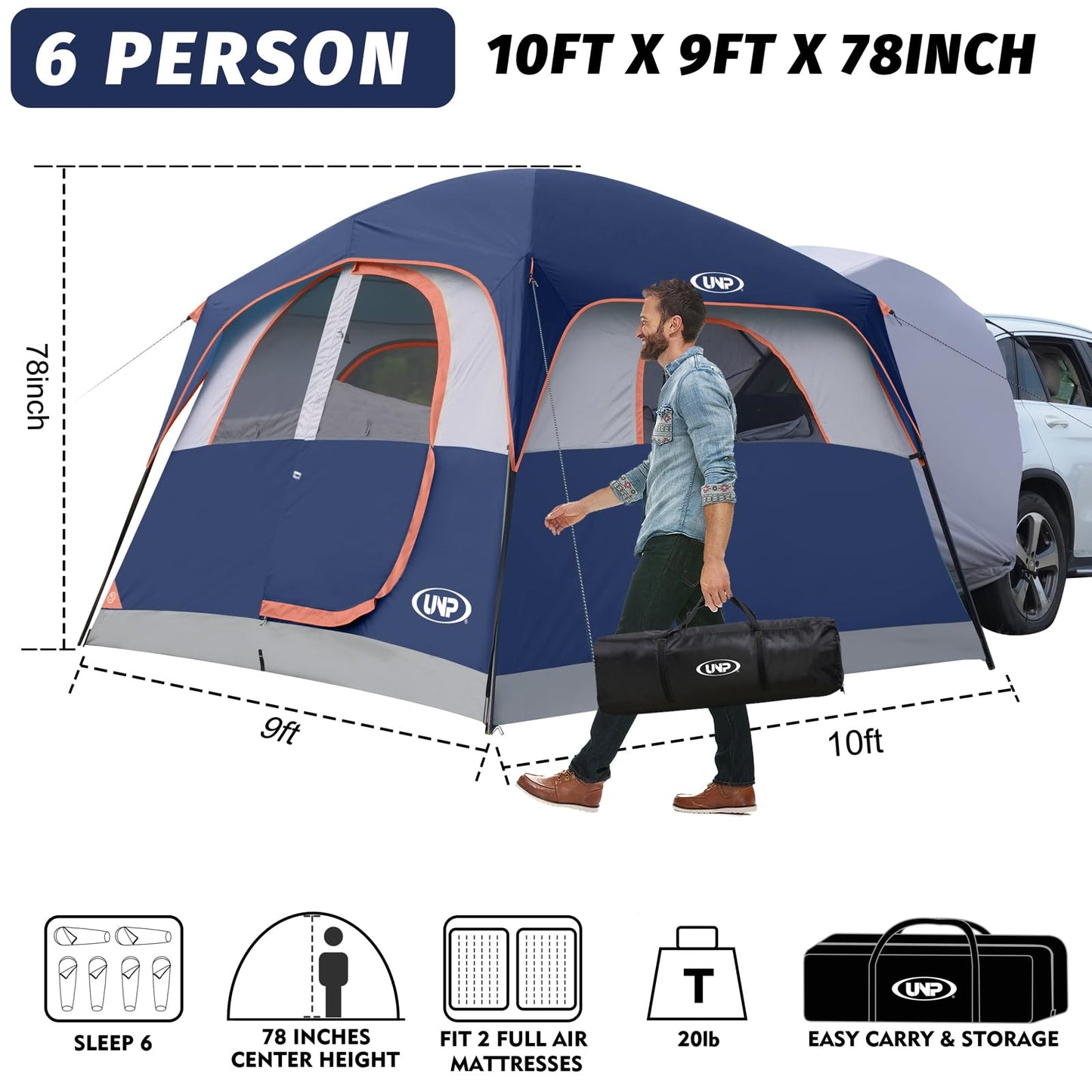 UNP SUV Tent for Camping, 6-Person Car Camping, SUV Tailgate Tent for Outdoor, Easy Set Up with Rainfly 10'x9'x78in(H) (Navy Blue)