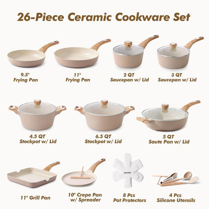 SENSARTE Ceramic Cookware Sets, Pots and Pans Set Non stick, Non toxic Healthy Induction Cookware, 26 Pcs Nonstick Kitchen Cooking Set, w/Frying Pans Set, Saucepans Set