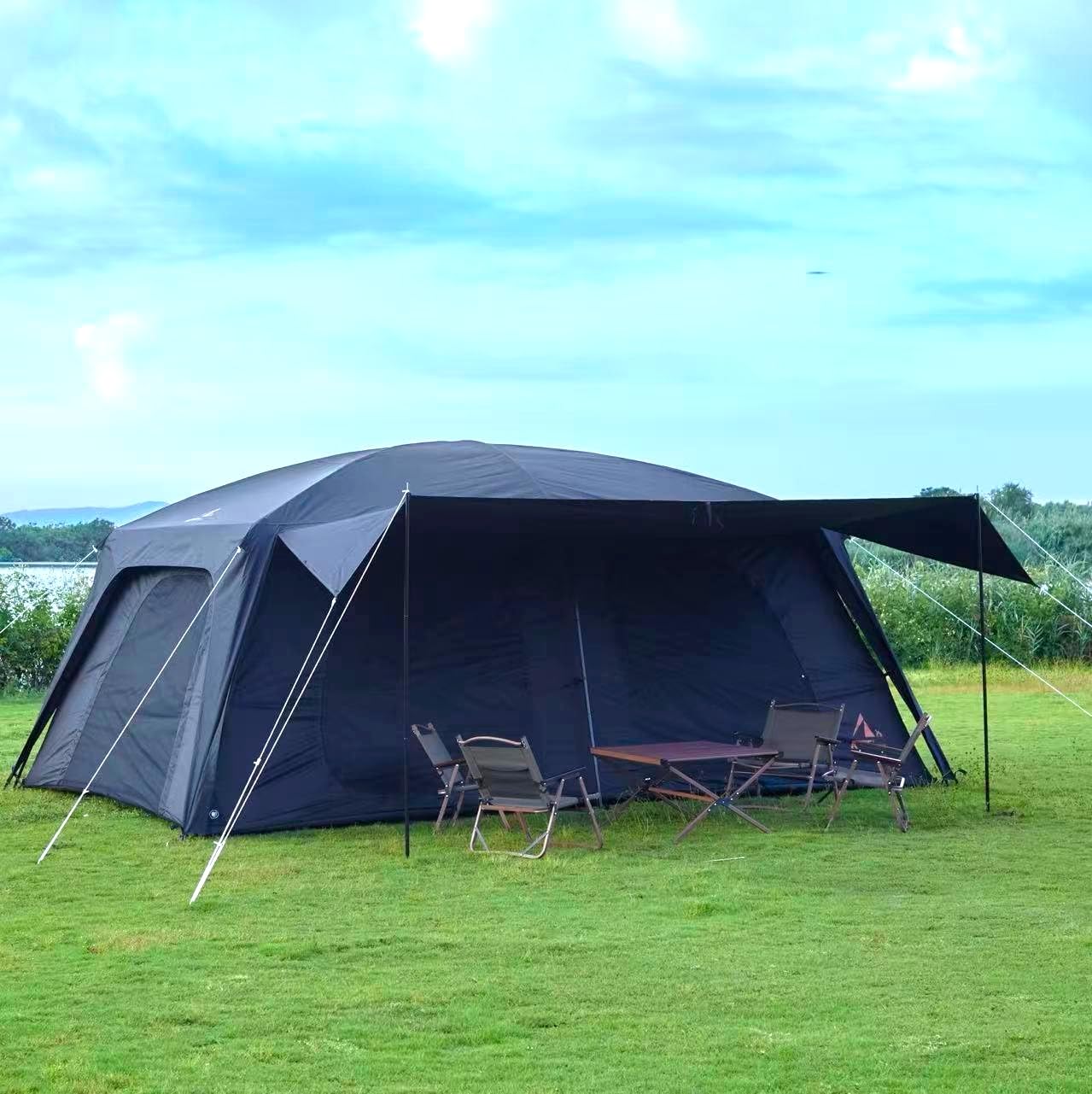 KTT Extra Large Tent 12-14 Person,Family Cabin Tents,2 Rooms,Straight Wall,2 Doors 4 Windows with Mesh,Waterproof,Straight Wall,Big Tent for Outdoor,Picnic,Camping,Gathering(Black)