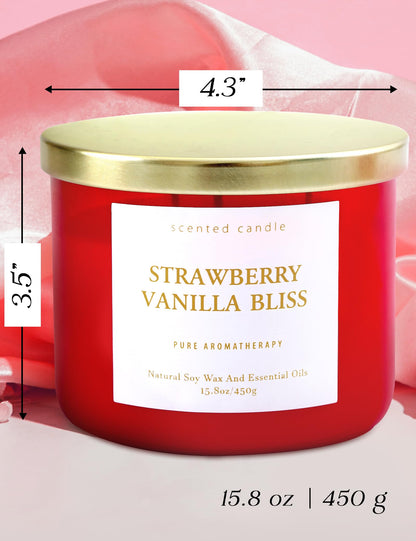 Strawberry Vanilla Bliss 3-Wick Soy Candle | 15.8 oz Large Aromatherapy Candle for Home | Clean Burn Long Lasting | Berry Vanilla Scent | Gift Ready
