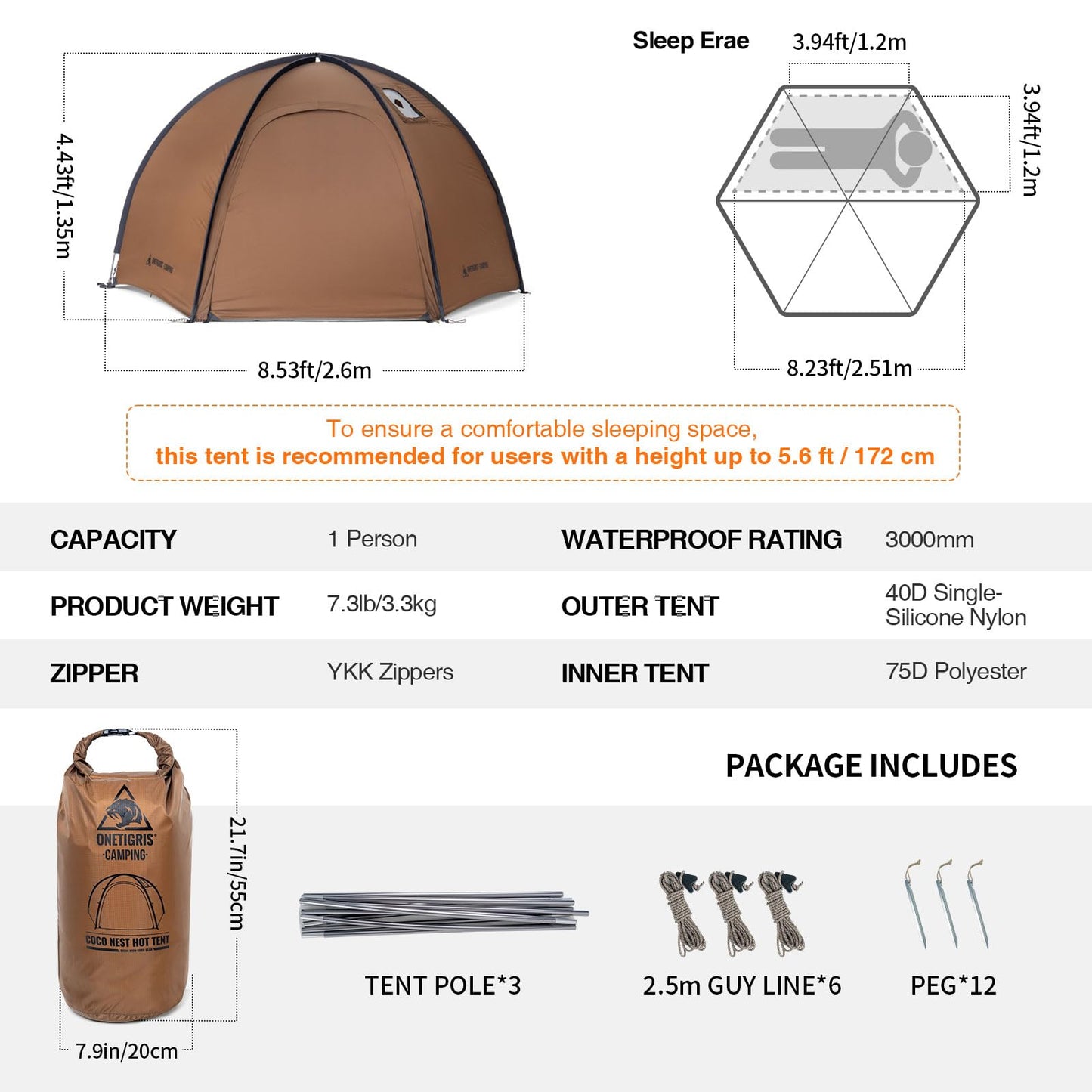 OneTigris Coco-NEST Solo Hot Tent with Stove Jack, 3000mm Waterproof Windproof Free-Standing Dome Tent with Mesh Inner