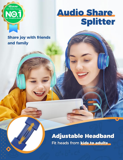 iClever 2Pack Kids Headphones with Sharing Splitter - 85dBA Safe Volume Limited - HS22 Wired Headphones for Kids Teens, Tangle-Free 3.5mm Jack Foldable Stereo for School/Tablet/Travel