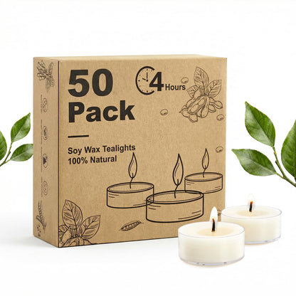 Hypmis Unscented Soy Tea Lights Candles 50 Pack Bulk, 4 Hours Long Burning White Tea Lights,Non-Paraffin, Smokeless, Mini Tealight Votive Candles for Wedding, Table Centerpiece, Christmas Lights