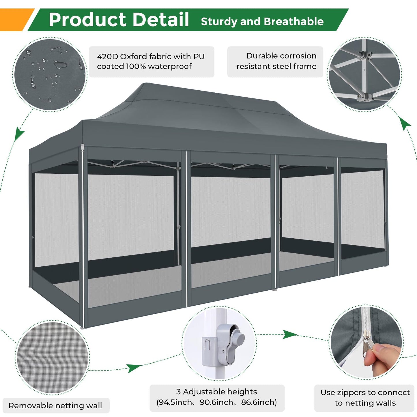 COBIZI 10x20 Heavy Duty Pop Up Canopy Tent with 6 Sidewalls, Easy Set Up Outdoor Waterproof Screen Commercial Party Tent with Mosquito Netting for Parties Backyard Patio, Roller Bag, Gray