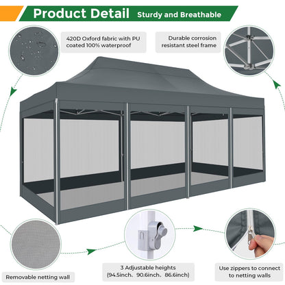 COBIZI 10x20 Heavy Duty Pop Up Canopy Tent with 6 Sidewalls, Easy Set Up Outdoor Waterproof Screen Commercial Party Tent with Mosquito Netting for Parties Backyard Patio, Roller Bag, Gray