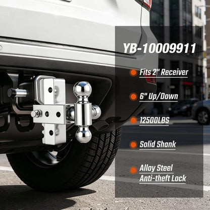 Adjustable Trailer Hitch Fits 2 Inch Receiver 12,500Lbs for Heavy Duty Truck RV with Tri-Ball (1-7/8", 2", 2-5/16") Stainless Steel 6-Inch Drop/Rise Aluminum Towing Ball Mounts (Silver)