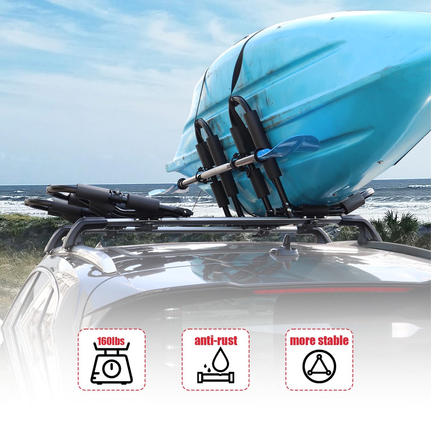 FORWODE Premium Kayak Roof Rack, 2 Pair J-Bar Roof Rack, Folding Adjustable Rack, Heavy Duty Kayak Roof Carrier 2 Kayak, Canoe, SUV, Surfboard on SUV, Car and Truck Crossbar