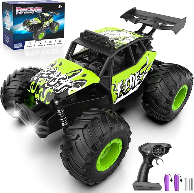 Remote Control Car All Terrain RC Cars with Speed Switch RC Truck with LED Headlight and Rechargeable Batteries 20KM/H Monster Truck Toys Gift for Boys 6-8 8-12 Green