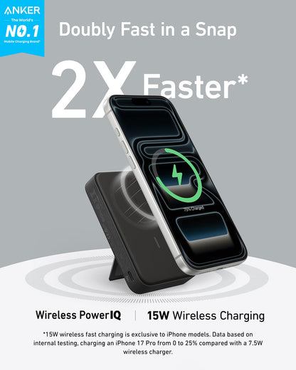 Anker MagGo Power Bank, Qi2 Certified 15W Ultra-Fast MagSafe-Compatible Portable Charger, 10,000mAh Battery Pack with Smart Display and Foldable Stand, For iPhone 15/14/13/12 Only(USB-C Cable Include)