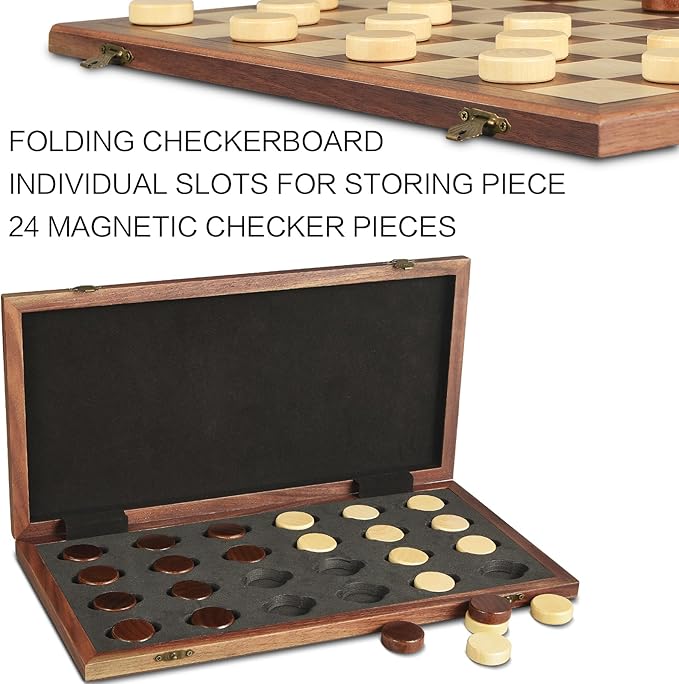 Walnut 15 Magnetic Checkers Board Game Set - Folding Wooden 8x8 Chessboard with 24 Interlocking Pieces Storage Slots - Family Strategy Game for Beginners &amp Kids Adults