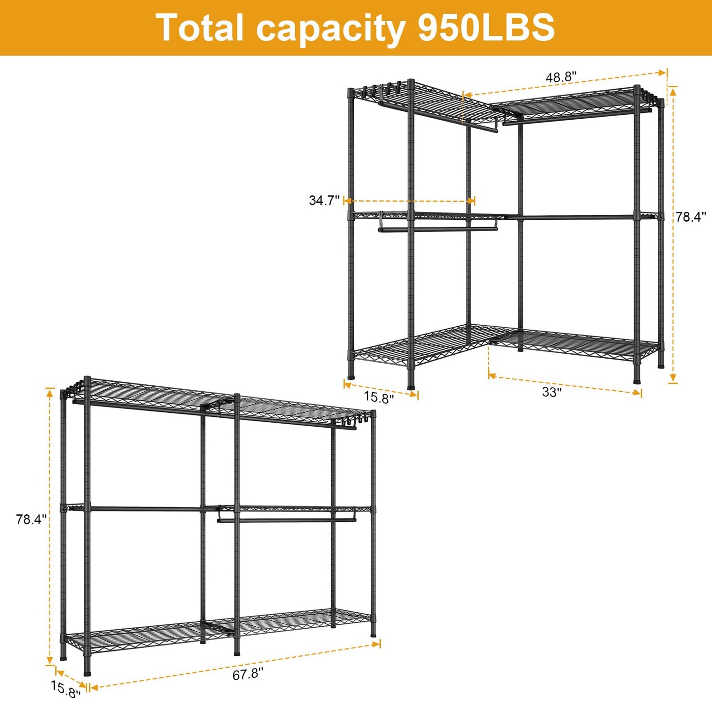 ULIFHOME E15 Pro Garment Rack L Shaped Clothes Rack for Corner，Freestanding Clothing Racks for Hanging Clothes，Heavy Duty Closet System with 4 Hanging Rods & 8 S Hooks，48.8"W x 15.8"D x 78.4"H，Black