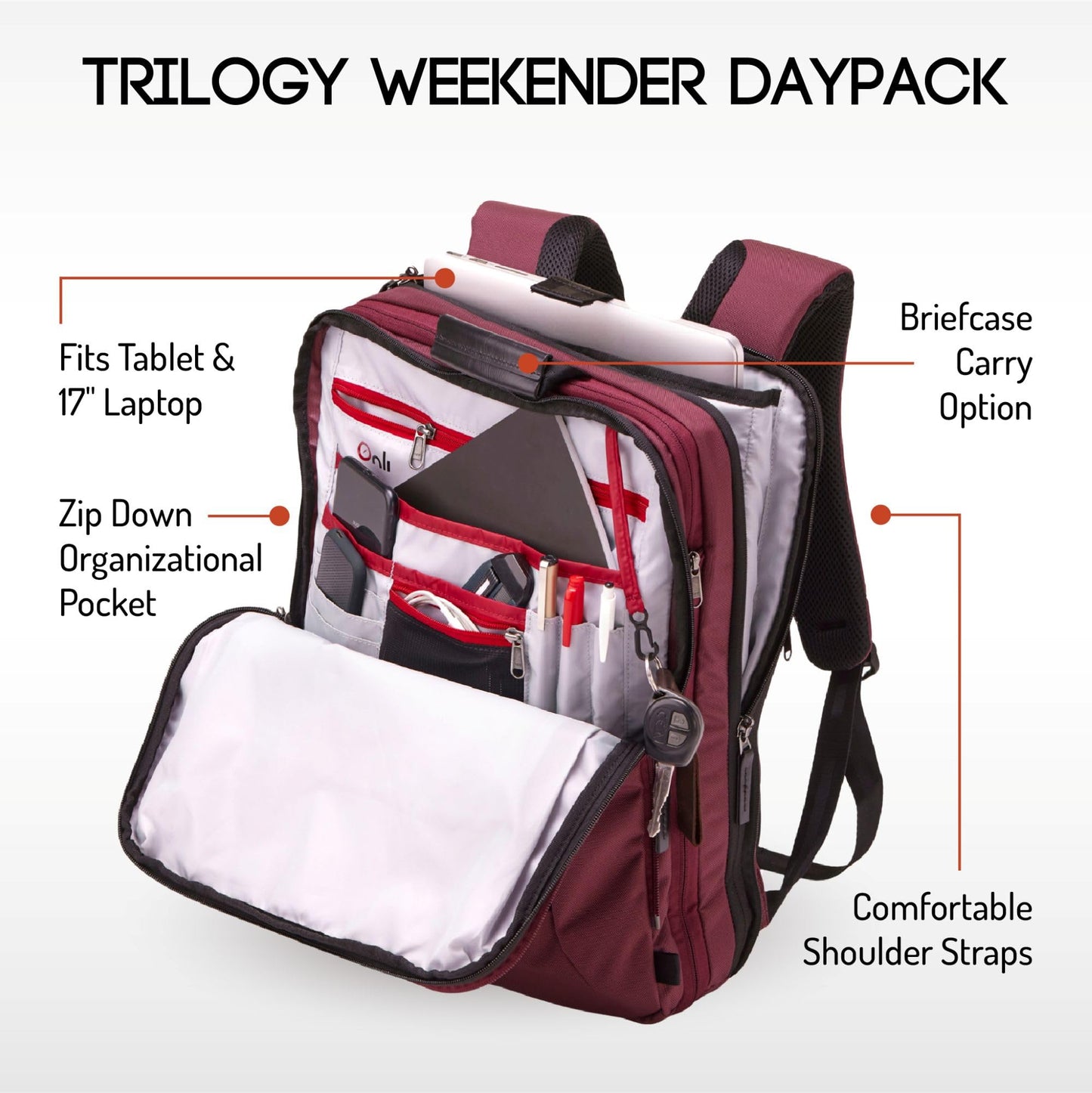 Trilogy Weekender Daypack I Opens like a suitcase, for easy packing. Expands into a 22-liter weekender. Hidden under-bag sling holds yoga mat, sleeping bag, and doubles as a rear cover (Zinfandel)