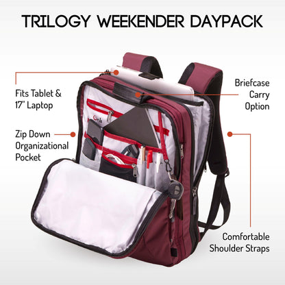 Trilogy Weekender Daypack I Opens like a suitcase, for easy packing. Expands into a 22-liter weekender. Hidden under-bag sling holds yoga mat, sleeping bag, and doubles as a rear cover (Zinfandel)